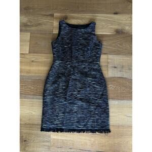 ALYX Dress Size 8 Black & White Textured Tweed Fringe Hem Sleeveless Classic